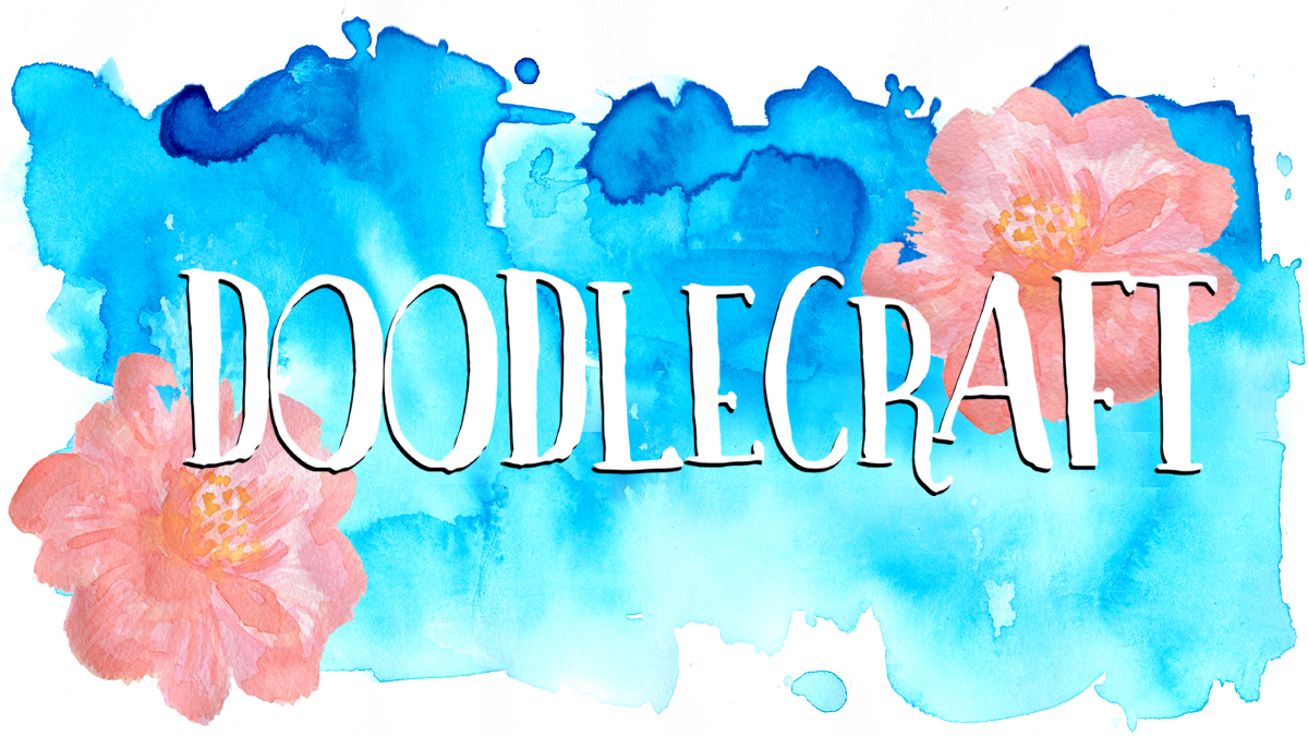 Doodlecraft logo with pink flowers on a blue watercolor background